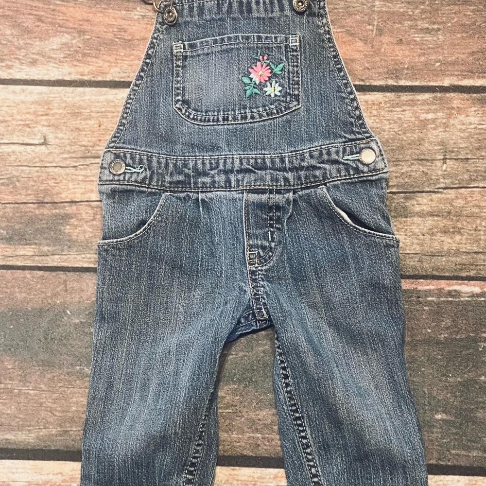 Vintage OshKosh B'gosh Blue Denim Overalls with Floral Design Size 12 Months